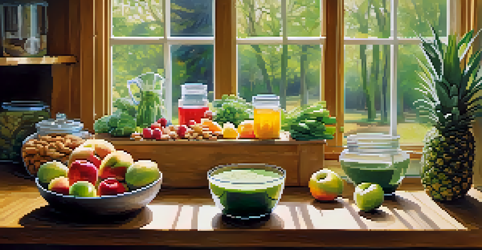 A cozy kitchen with a table full of fresh fruits, vegetables, and a glass of green smoothie bathed in warm sunlight.