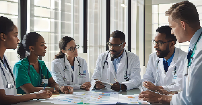 A diverse group of healthcare professionals discussing patient safety around a table, with reports and charts visible.