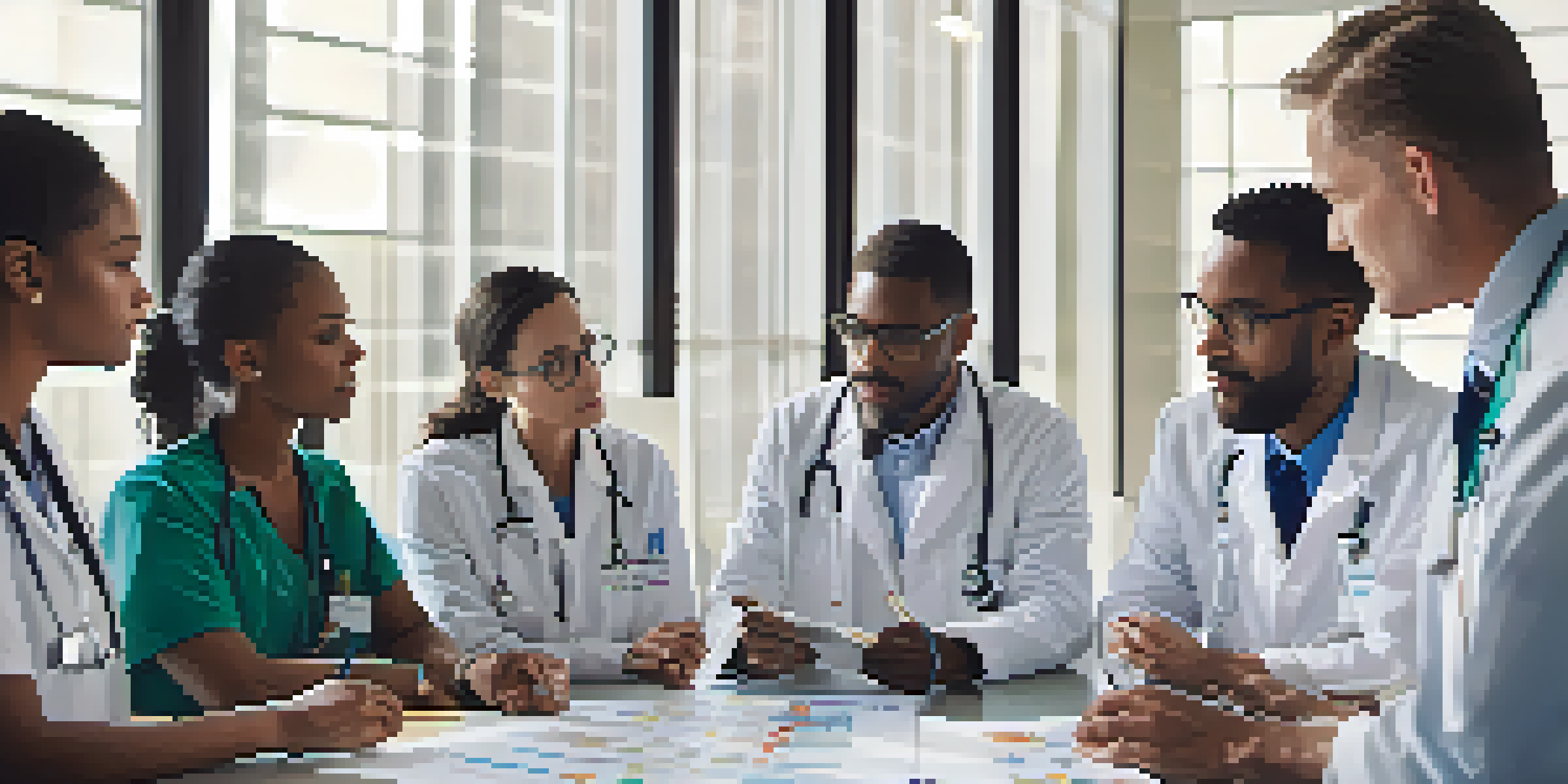 A diverse group of healthcare professionals discussing patient safety around a table, with reports and charts visible.
