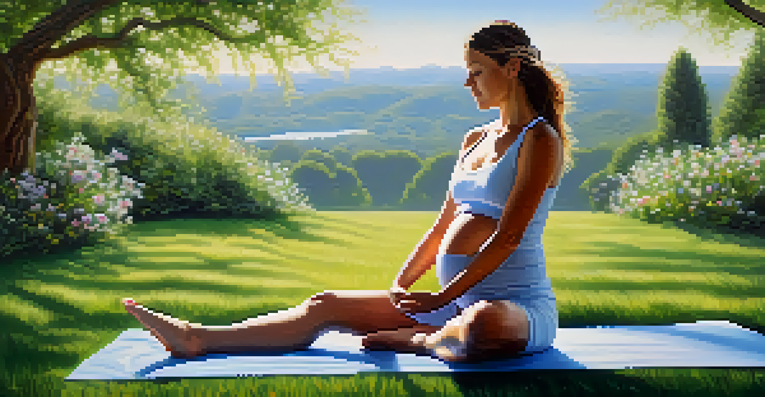 A pregnant woman practicing prenatal yoga outdoors on a sunny day, surrounded by nature.