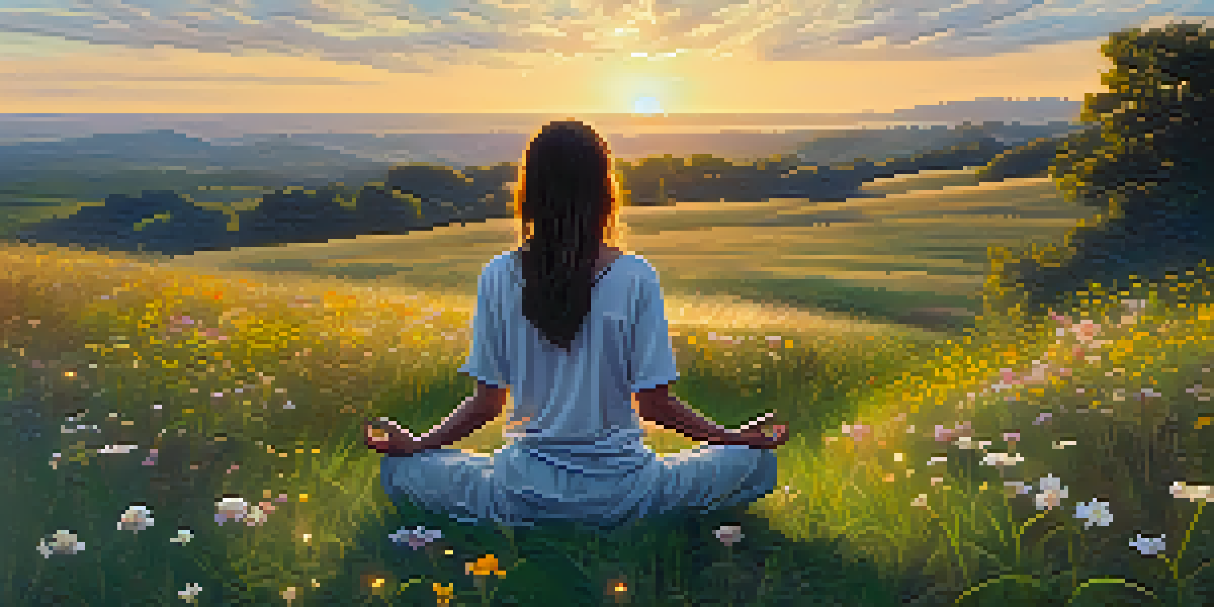 A person meditating on a grassy hill at sunset, surrounded by wildflowers in a peaceful outdoor setting.