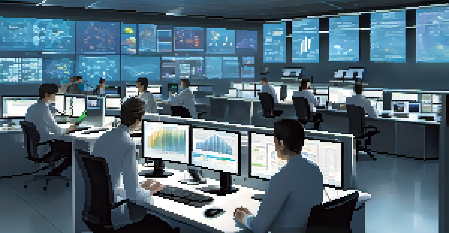 A high-tech laboratory featuring large screens with data visualizations, and a team of researchers collaborating around a table.