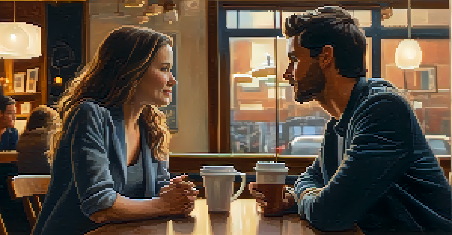 Two people having a heartfelt conversation in a cozy coffee shop with warm lighting.