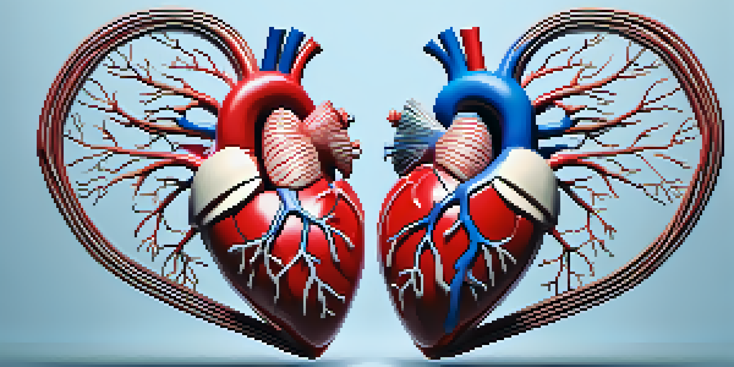 A 3D rendering of a human heart with visible arteries and veins, set against a soft gradient background.