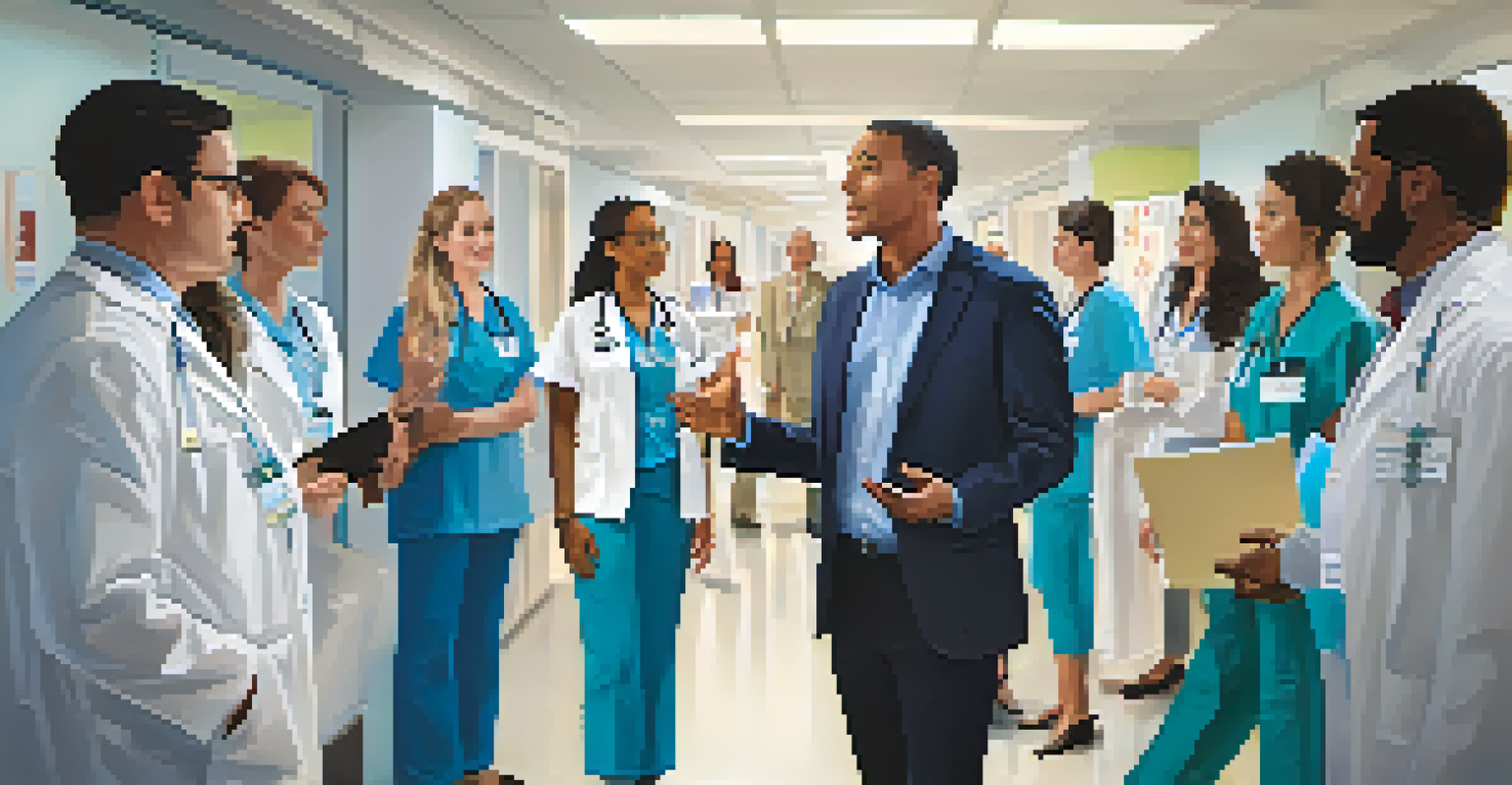 A healthcare leader addressing staff in a hospital corridor, using hand gestures to engage the audience.