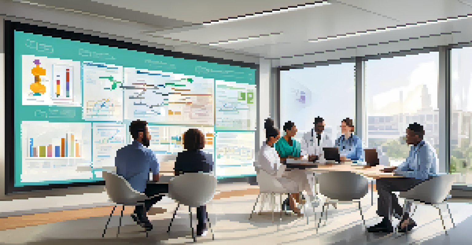 A diverse group of healthcare professionals collaborating on patient data in a modern conference room.