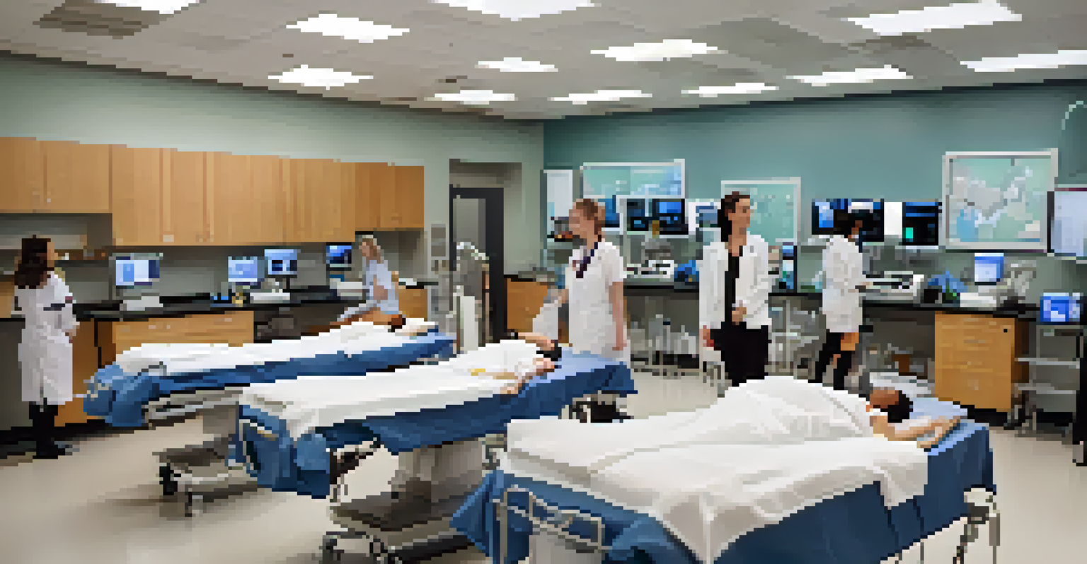 Nursing students in scrubs practicing care on mannequins in a high-tech classroom with medical equipment.