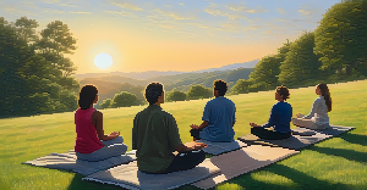 A diverse group of people meditating on a hillside during sunset, surrounded by nature.