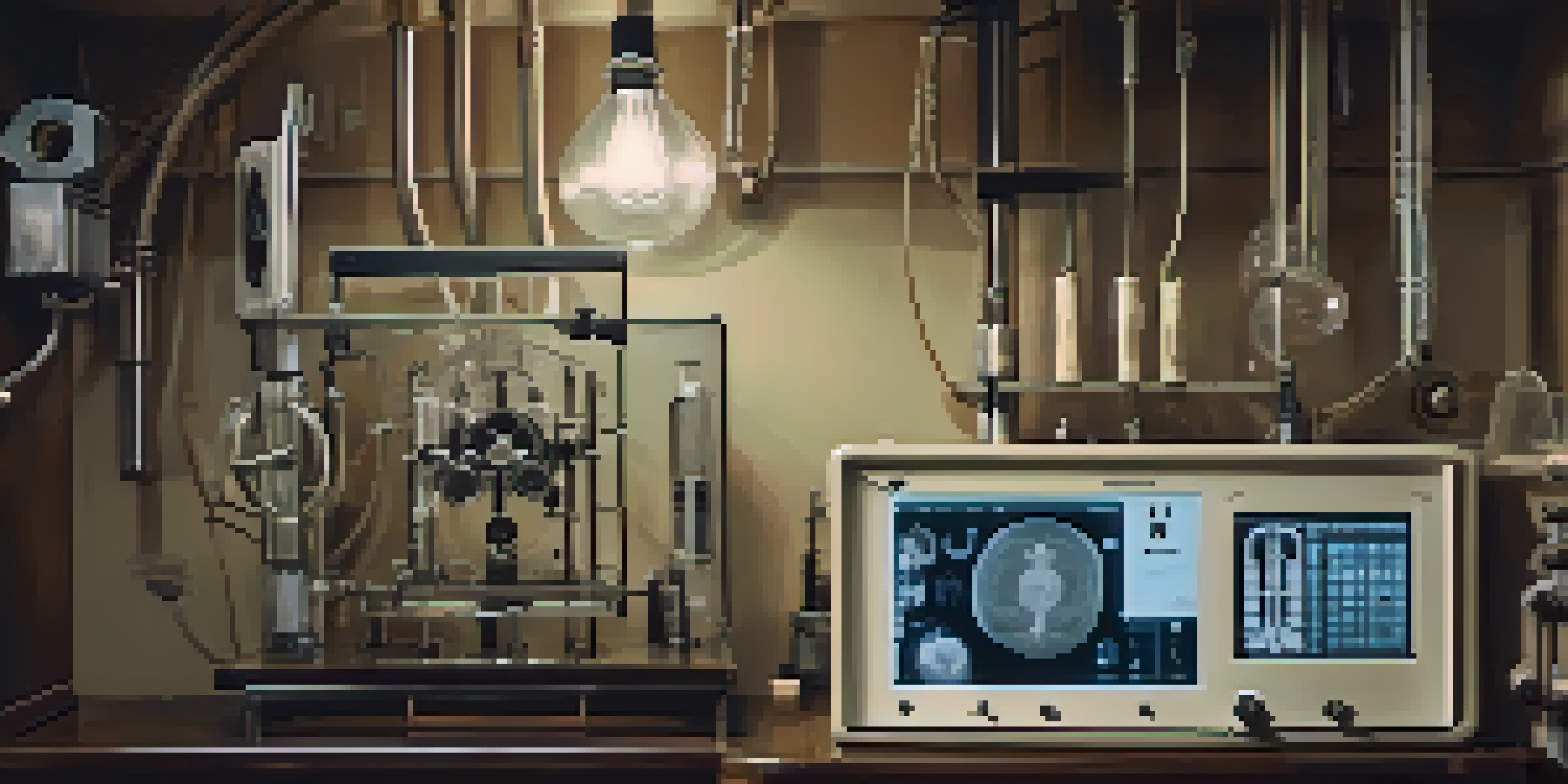 A vintage X-ray machine in a softly lit medical room, with an X-ray image of a human hand displayed on the screen.