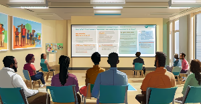 A diverse group of people engaged in a discussion about clinical trials in a community center, with a researcher presenting information.