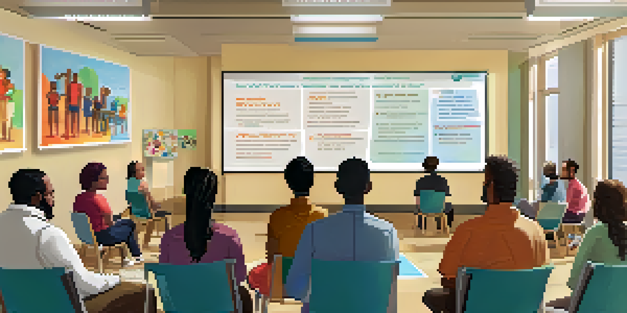 A diverse group of people engaged in a discussion about clinical trials in a community center, with a researcher presenting information.