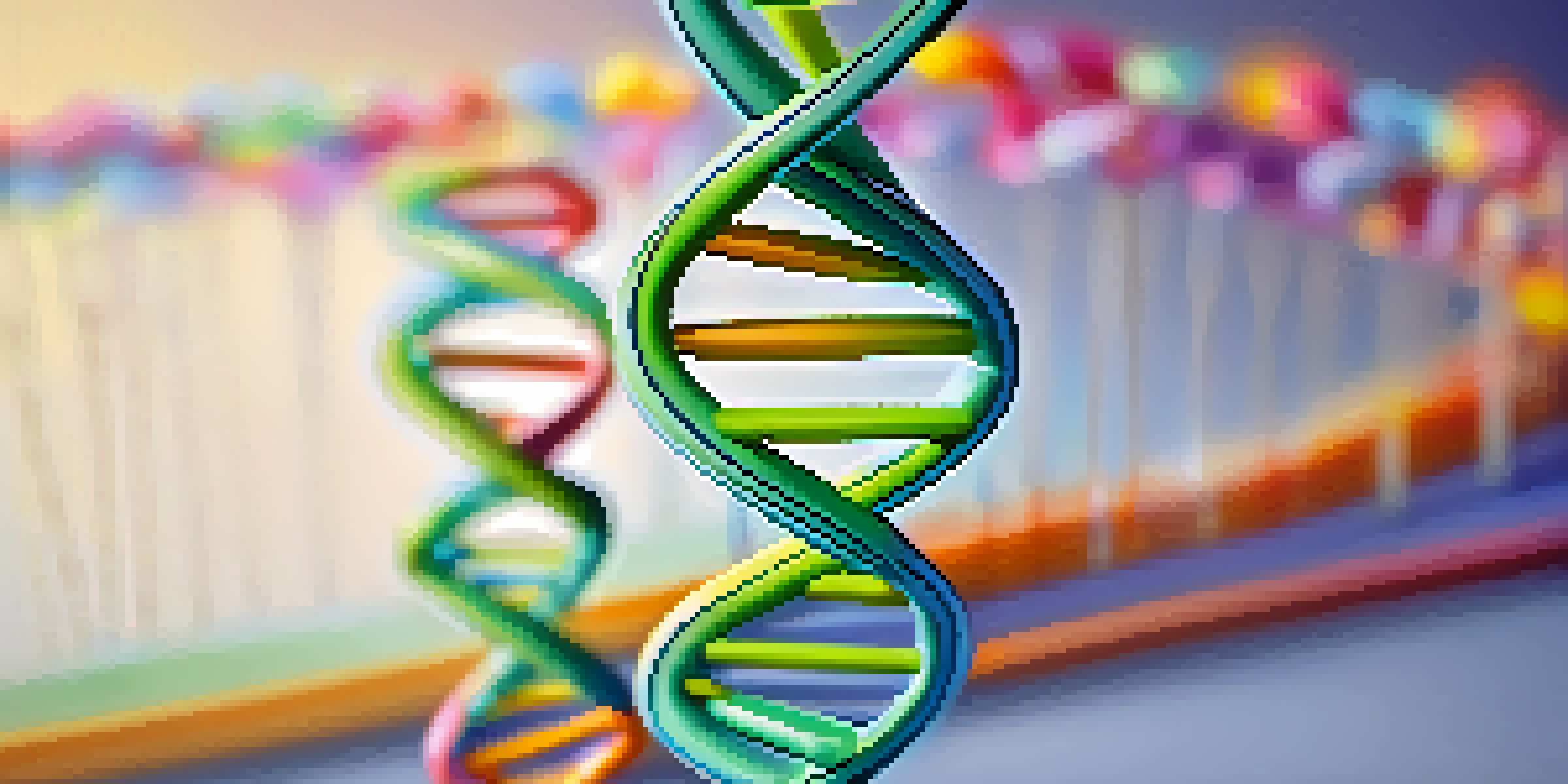 A detailed close-up of a colorful DNA double helix against a soft gradient background, showcasing the intricate structure.