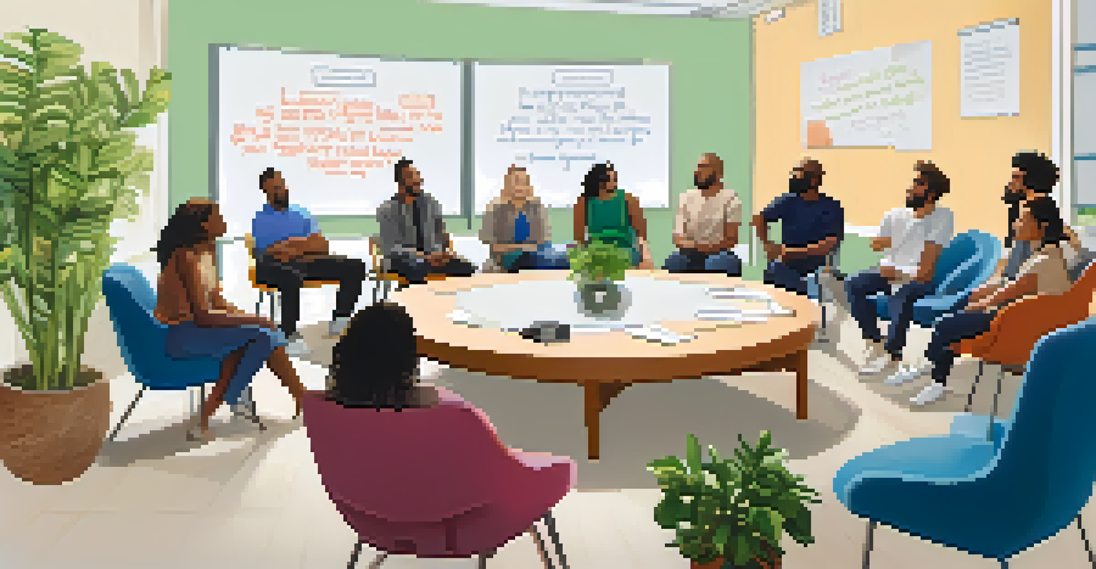 A diverse group of individuals in a supportive group therapy session, seated in a circle and engaging in discussion, fostering a sense of community.