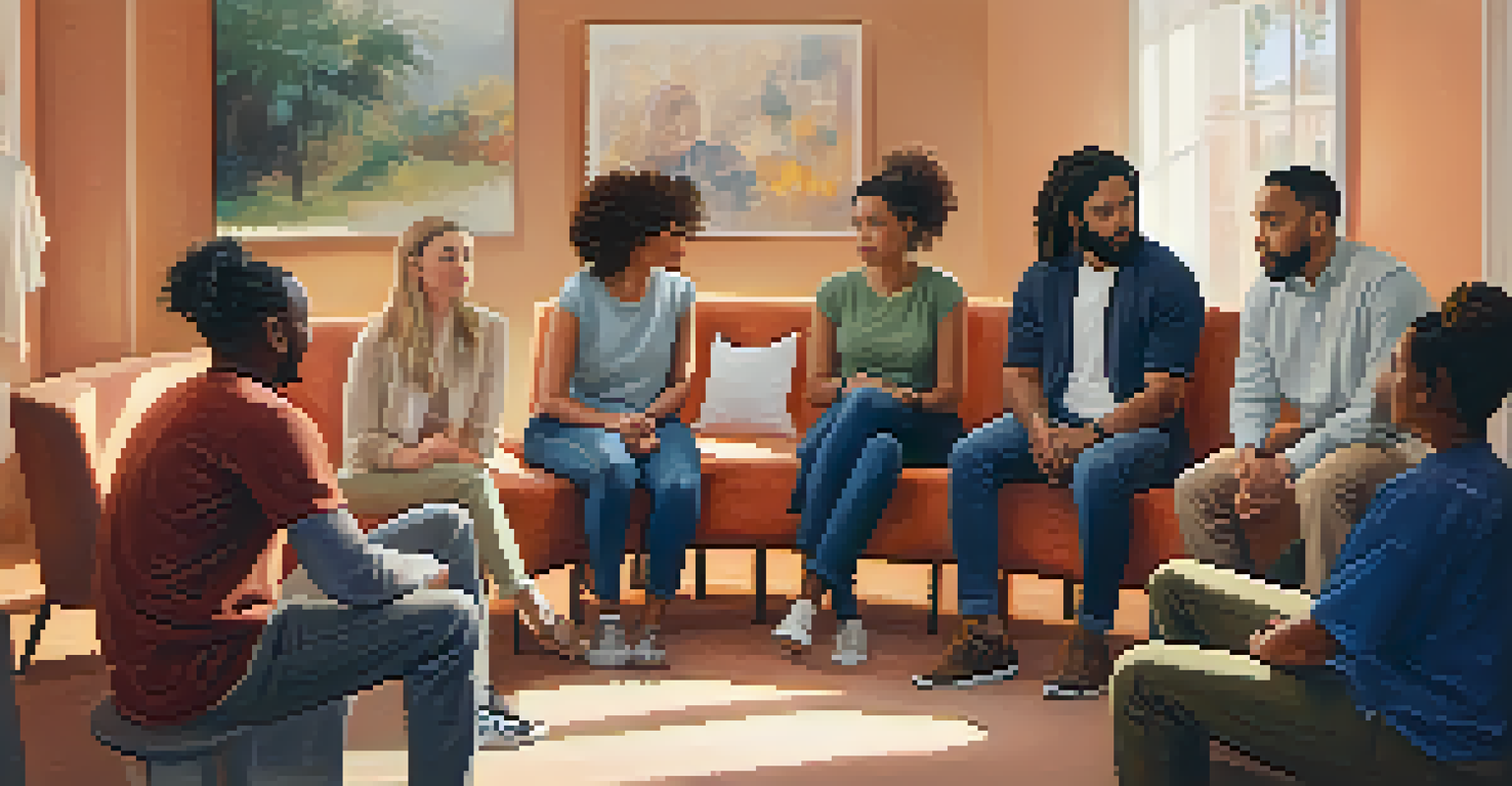 A diverse group of people participating in a group therapy session in a bright room.