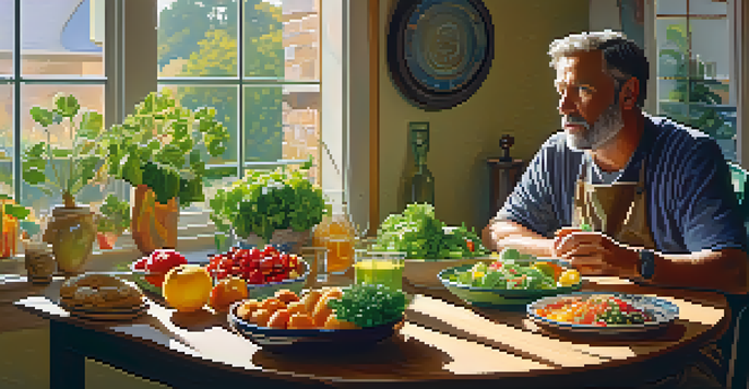 A thoughtful middle-aged man examining a plate of healthy food in a bright kitchen.