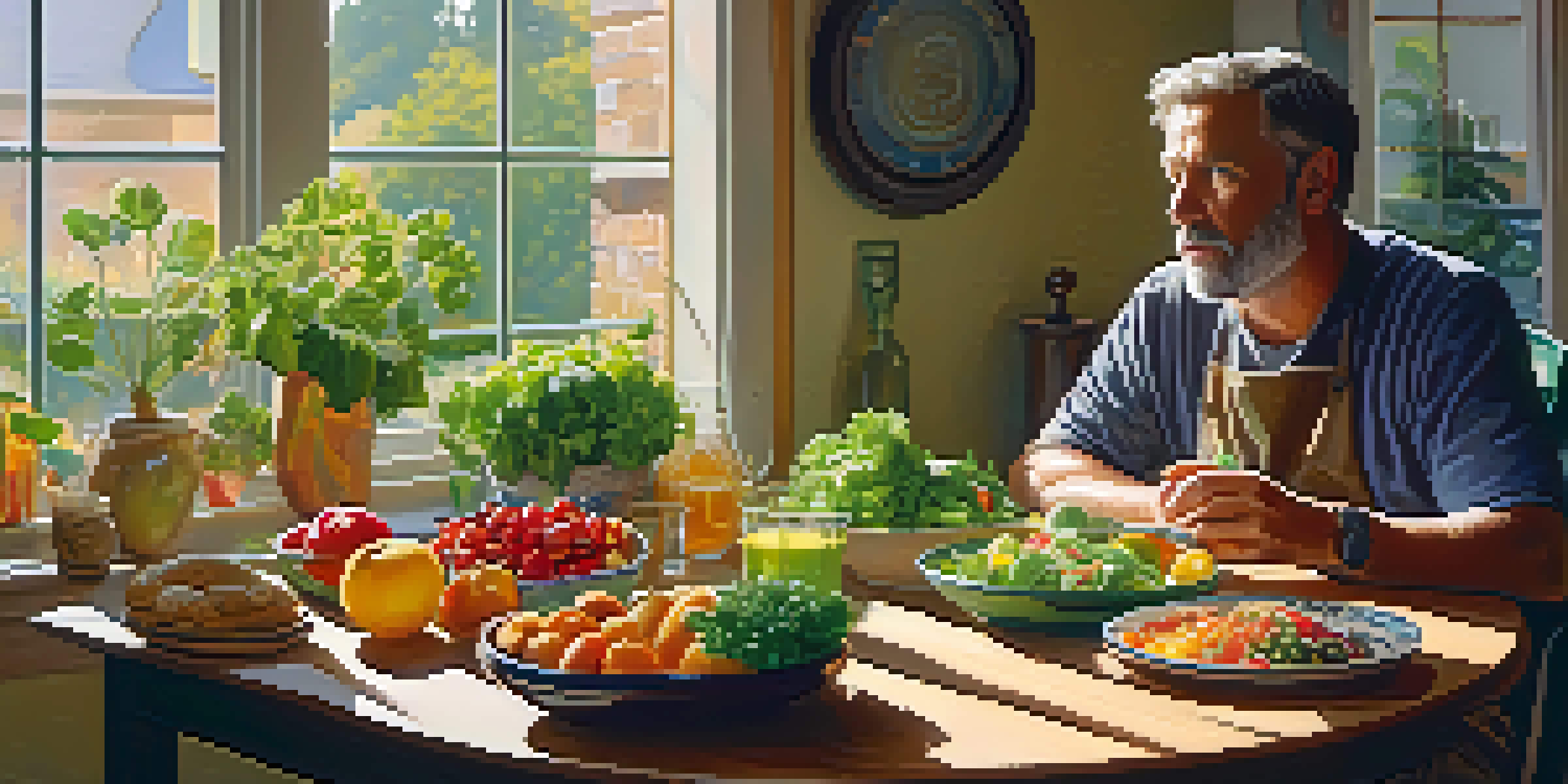 A thoughtful middle-aged man examining a plate of healthy food in a bright kitchen.