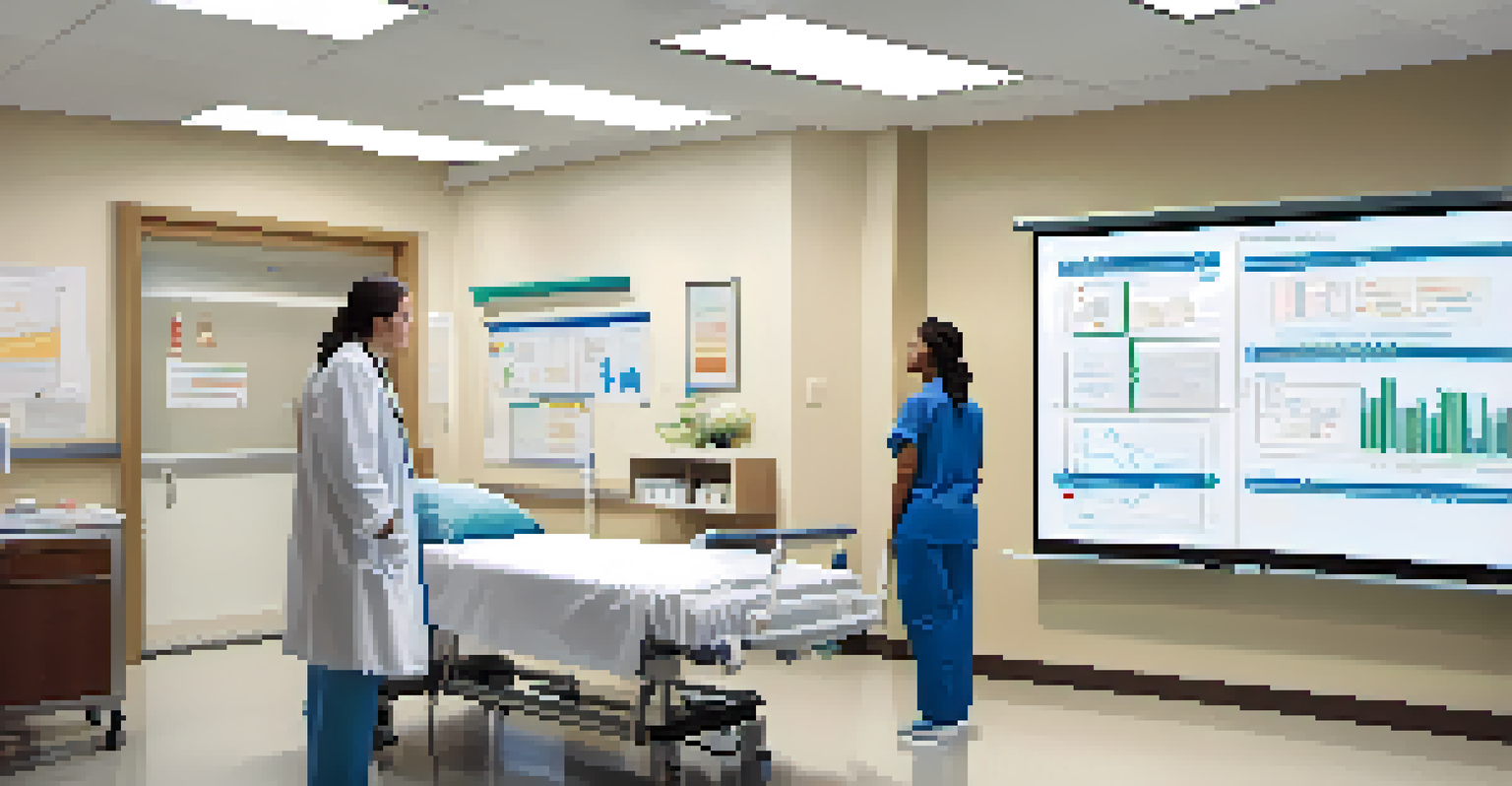 A healthcare provider discussing treatment options with a patient in a bright hospital room, with graphs on a whiteboard in the background.
