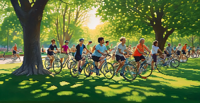 A diverse group of individuals enjoying different exercises in a sunny park, surrounded by greenery and flowers.