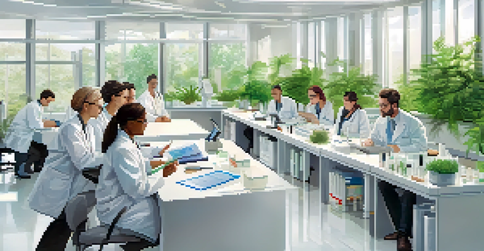 A diverse group of participants in a bright laboratory, discussing a clinical trial with a researcher. The room is modern and filled with natural light.