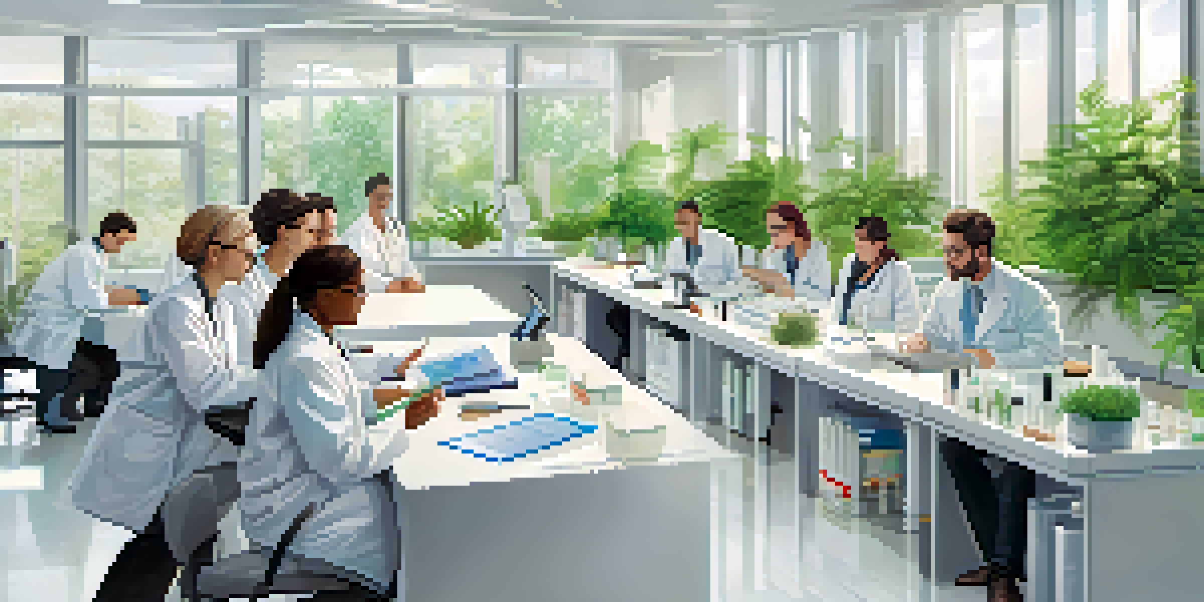 A diverse group of participants in a bright laboratory, discussing a clinical trial with a researcher. The room is modern and filled with natural light.