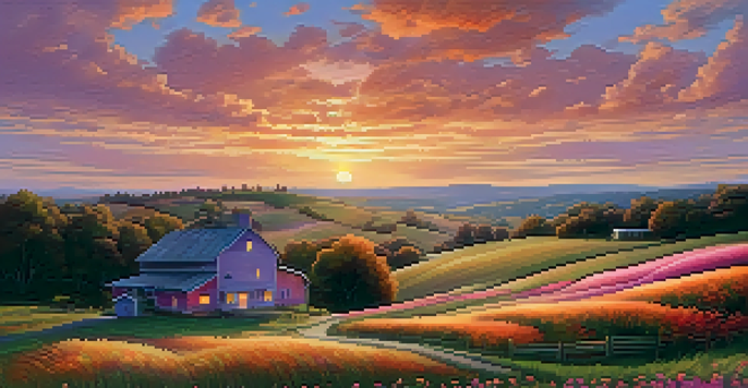 A scenic rural landscape at sunset, with rolling hills, a farmhouse, and colorful skies.