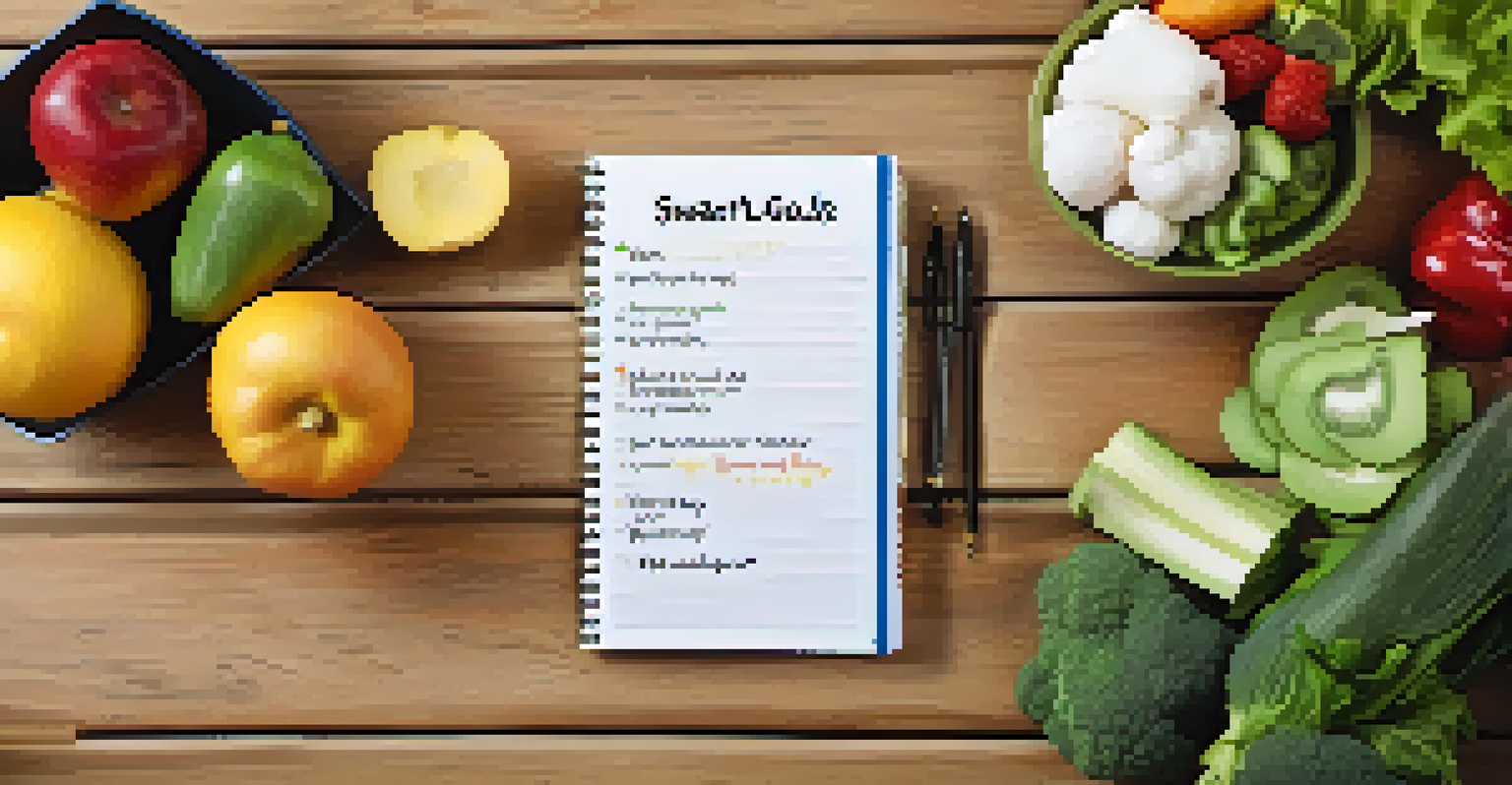 A notepad with SMART goals written on it, next to a healthy meal of fruits and vegetables, with soft natural light illuminating the scene.