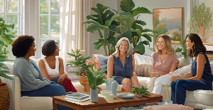 A group of diverse women in a warm living room discussing menopause support.
