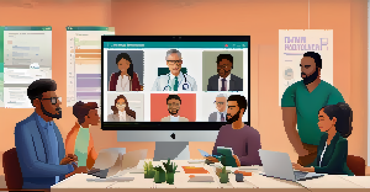 A virtual meeting with diverse stakeholders discussing health policy, featuring multiple participants on screen and a modern home office setting.