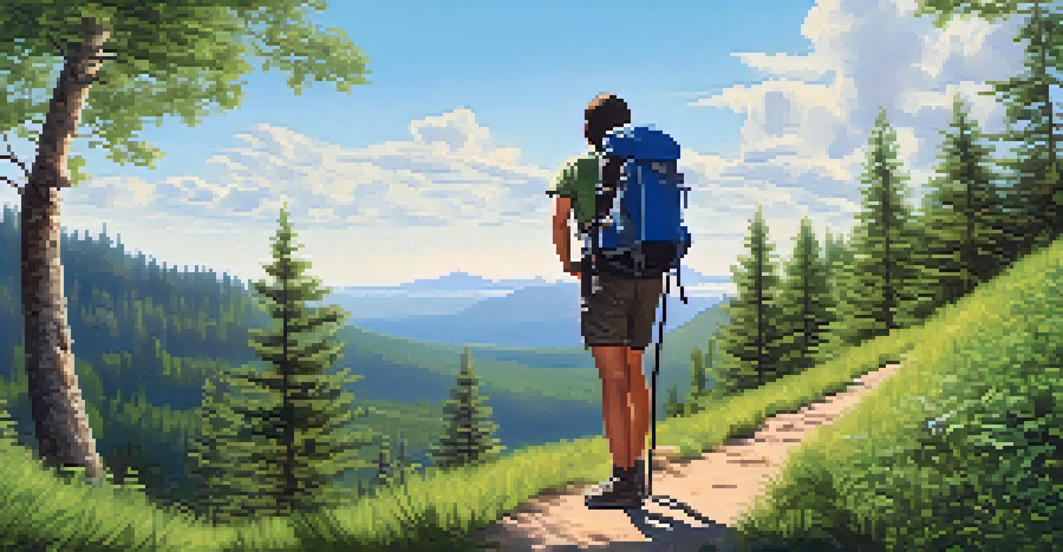 A person using an inhaler while resting on a hiking trail, surrounded by trees and a clear blue sky.