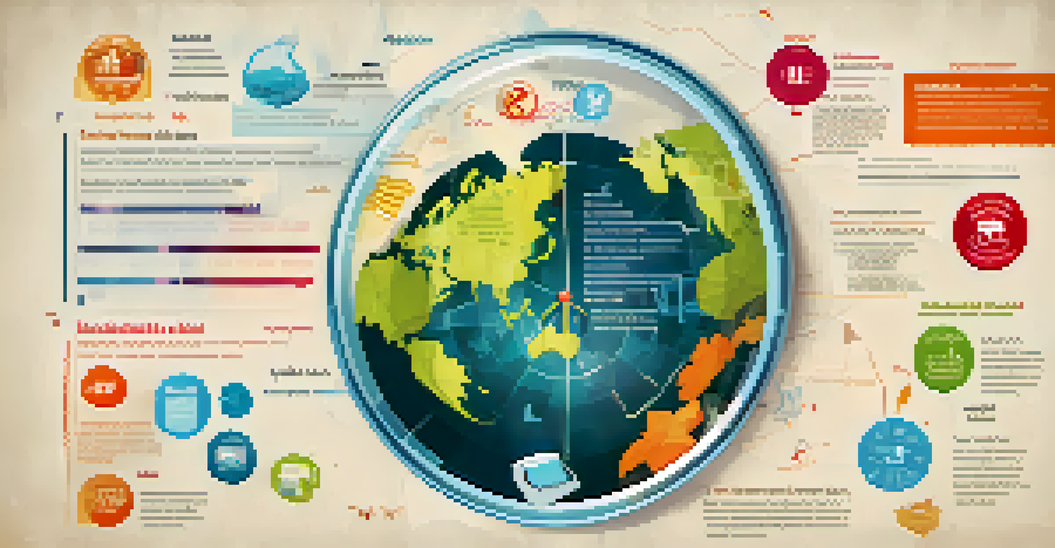 An infographic showcasing epidemiology with a magnifying glass over a world map filled with health icons and statistics.