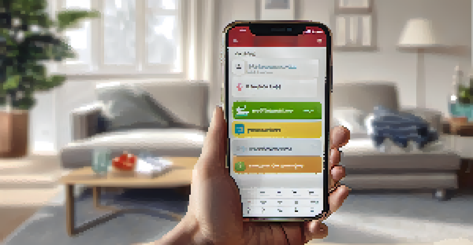 A smartphone with a medication management app on display, with a patient in a comfortable living room.