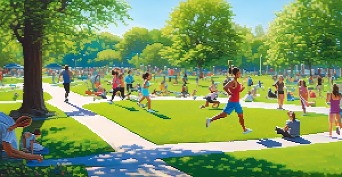 A community park filled with diverse individuals participating in physical activities like jogging and yoga, surrounded by greenery and flowers on a sunny day.