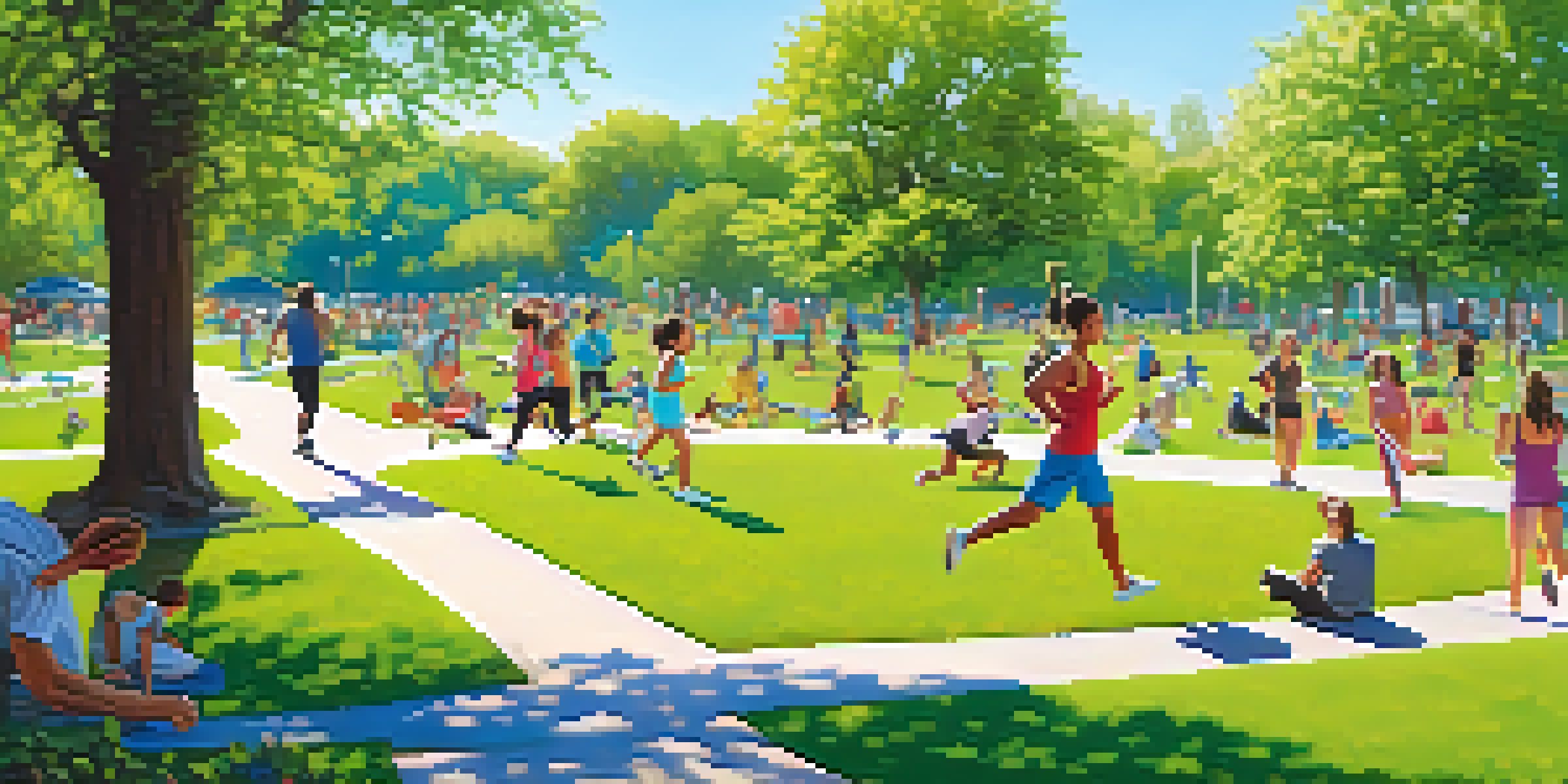 A community park filled with diverse individuals participating in physical activities like jogging and yoga, surrounded by greenery and flowers on a sunny day.