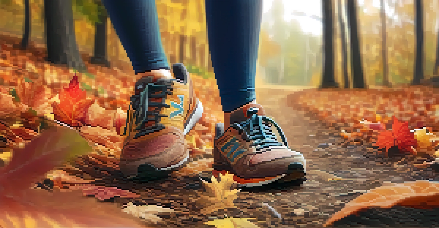 Close-up of colorful running shoes on a trail with autumn leaves, with a blurred jogger in the background.