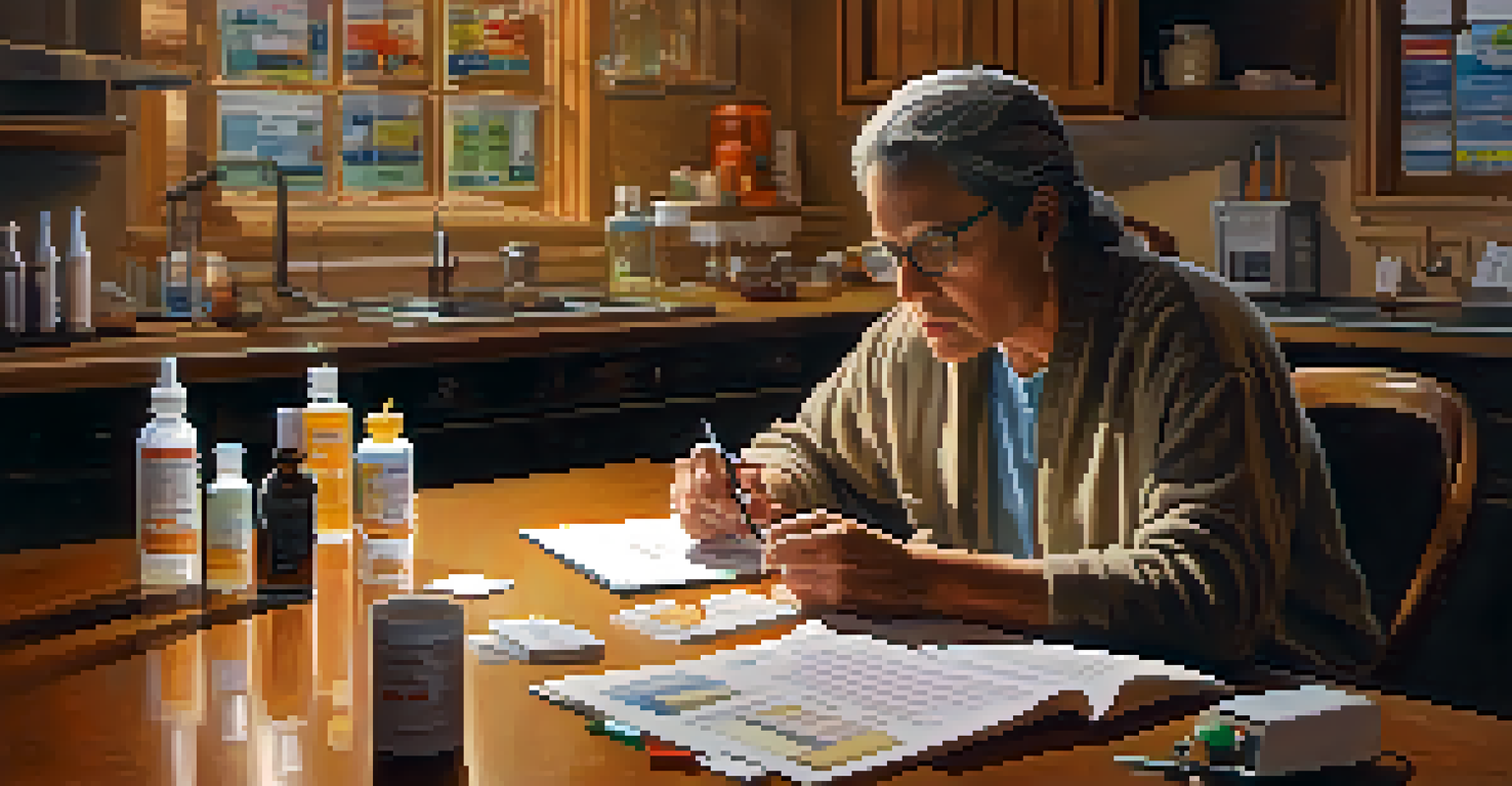 A patient reviewing medication information at a kitchen table with prescription bottles around.