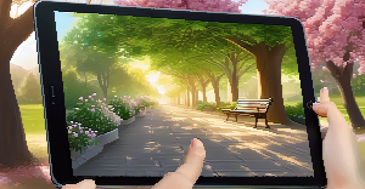 A person using a digital health app on a tablet in a sunny park surrounded by flowers and greenery.