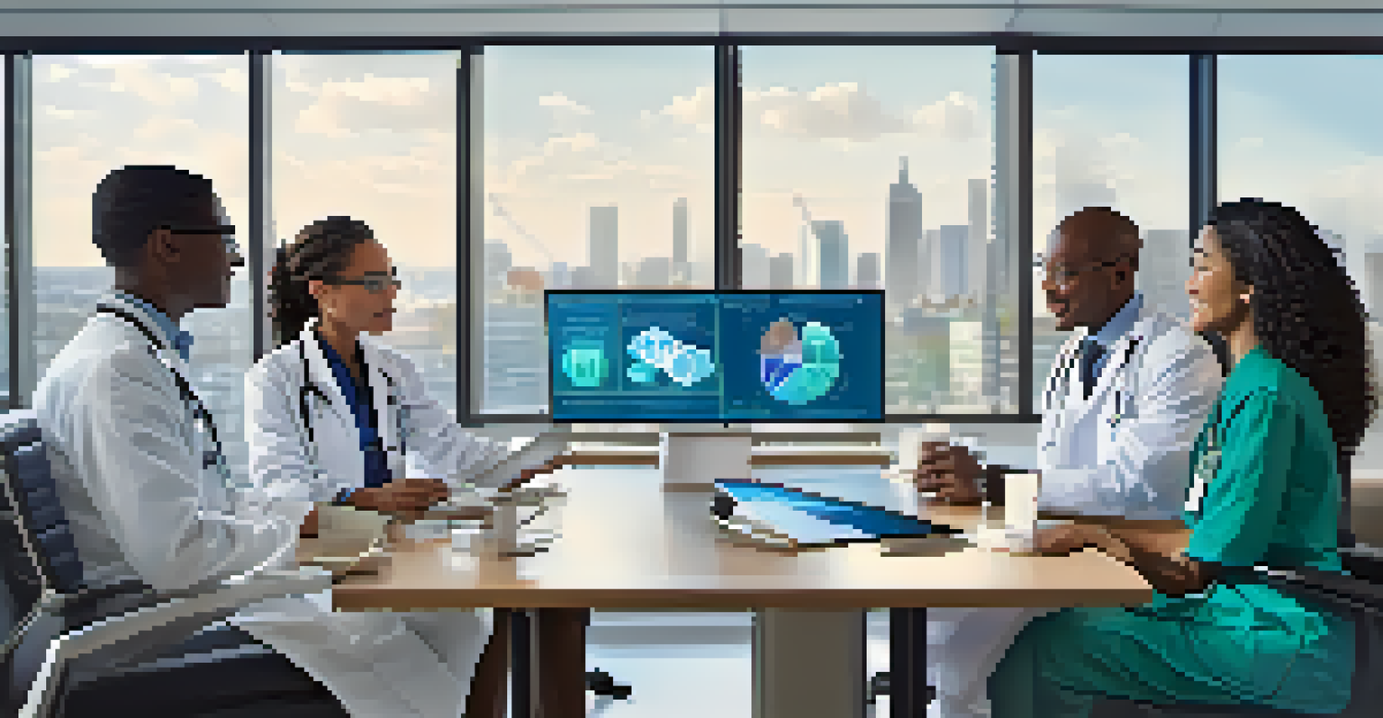A diverse group of healthcare professionals collaborating over a digital tablet showing AI analytics in a bright hospital meeting room.