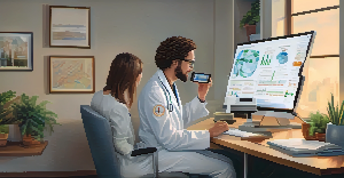 A healthcare provider in a professional office consulting with a patient via video call in their home.