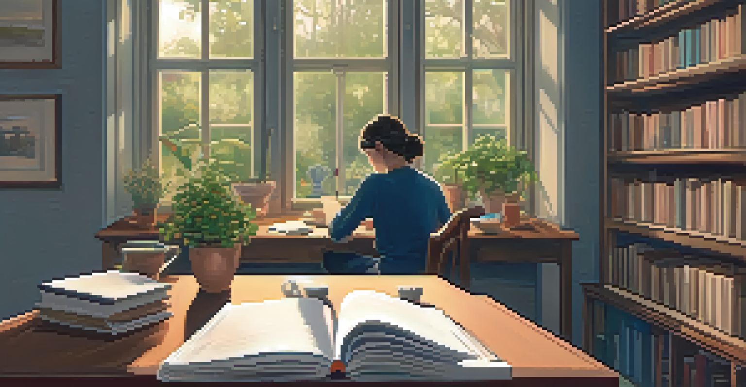 A person journaling in a cozy room with books and plants, illuminated by soft light.