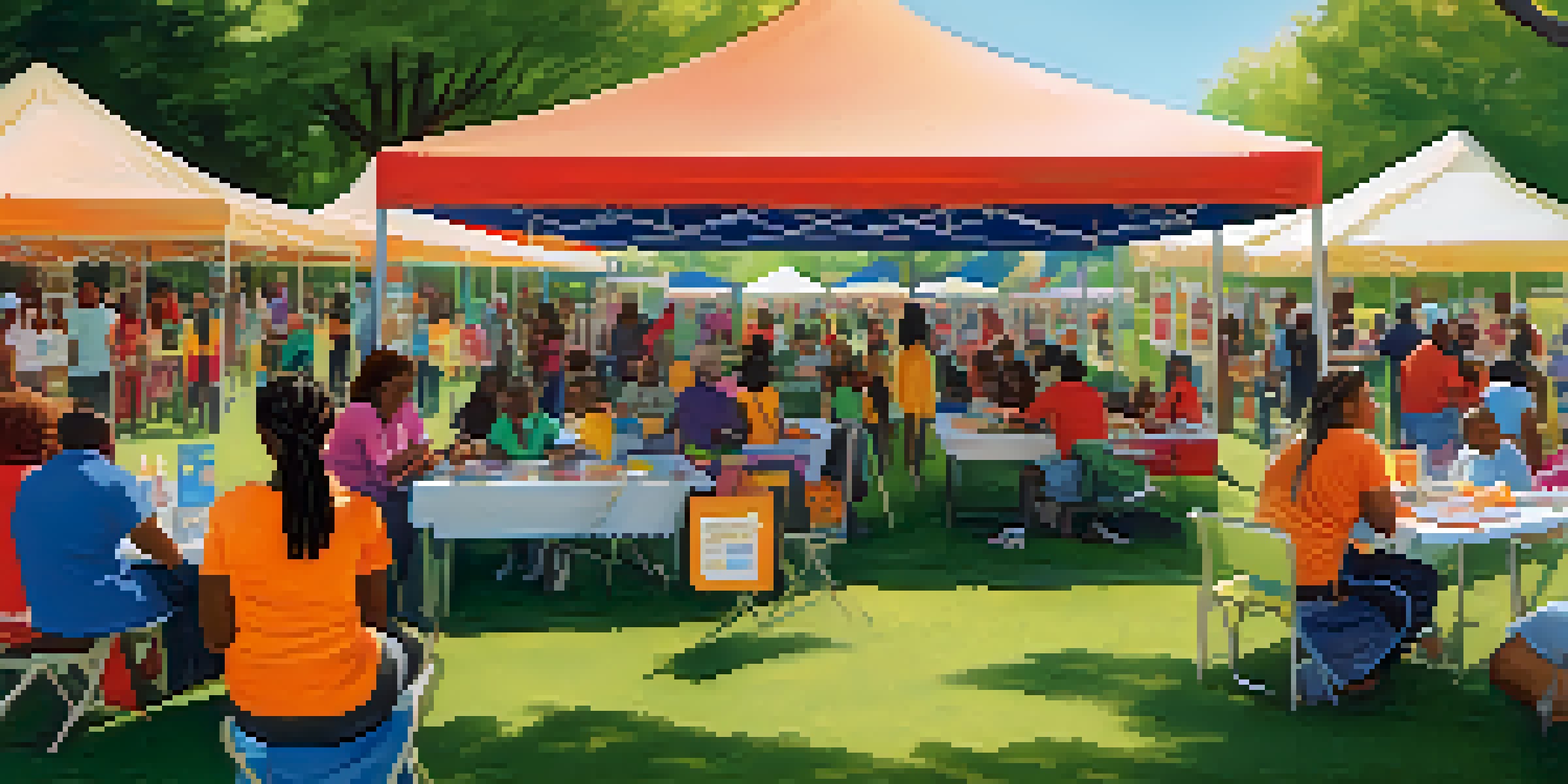 A lively community health fair in a park with diverse people interacting at colorful booths and participating in workshops under sunlight.
