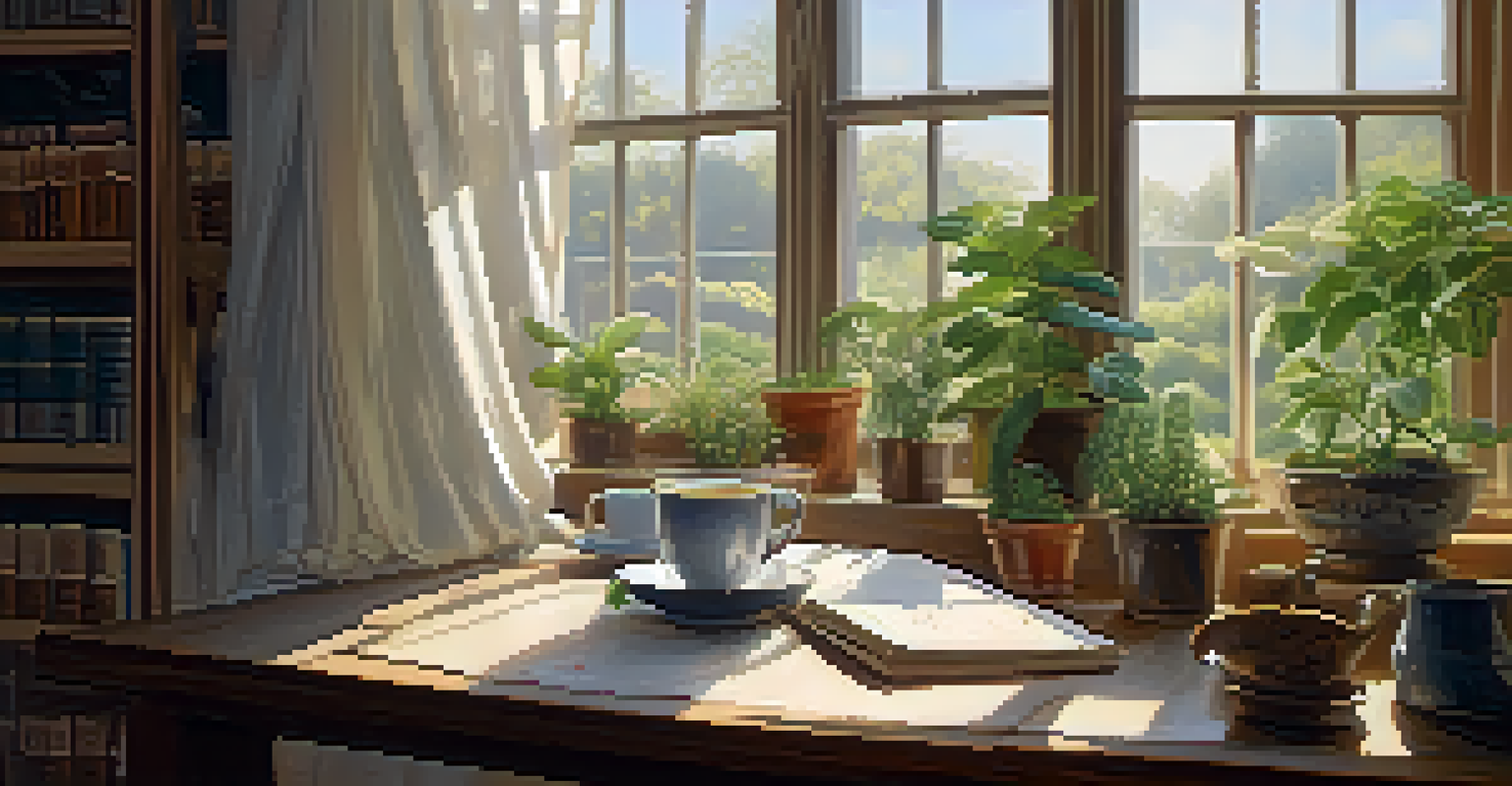 A person journaling by a window in a cozy indoor space, with plants and a cup of herbal tea nearby.