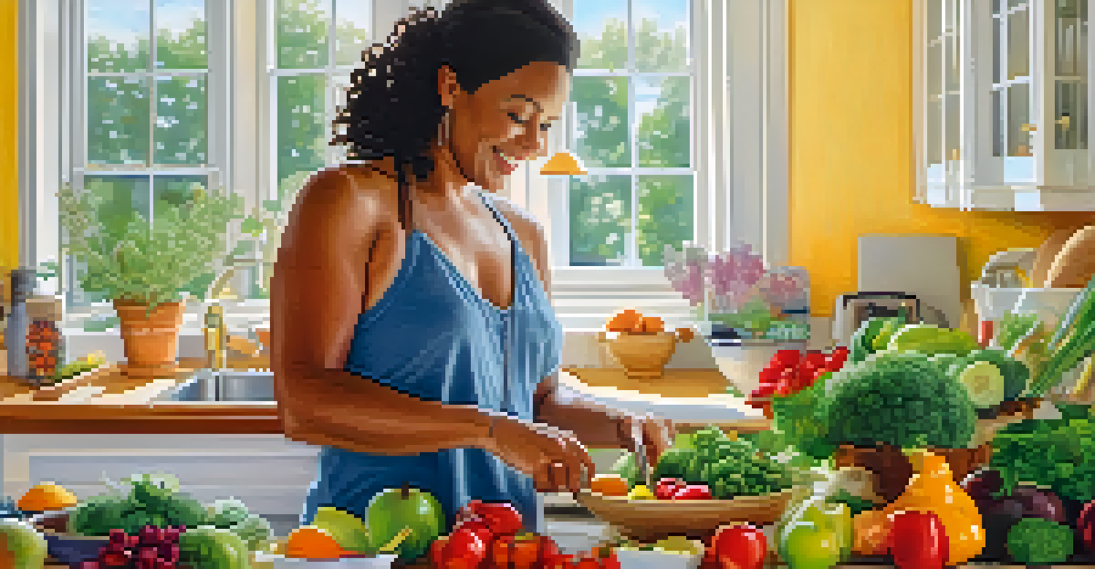 A woman happily preparing a healthy meal in a bright kitchen.
