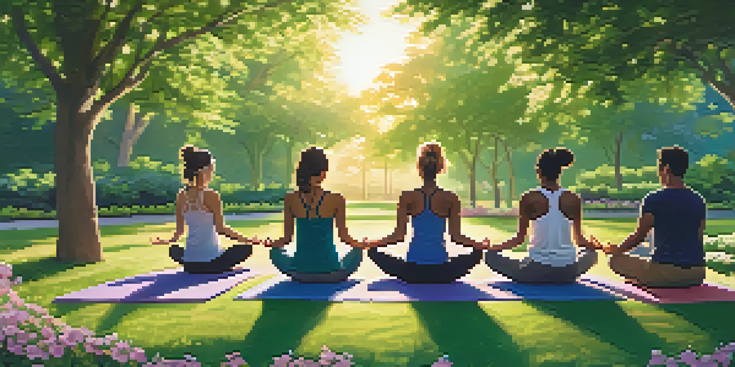A diverse group of individuals practicing yoga in a beautiful park during sunset, surrounded by nature.