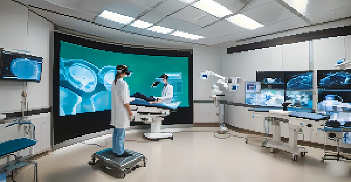 A group of diverse medical students engaged in a virtual reality surgery simulation, wearing VR headsets in a bright and modern training room.