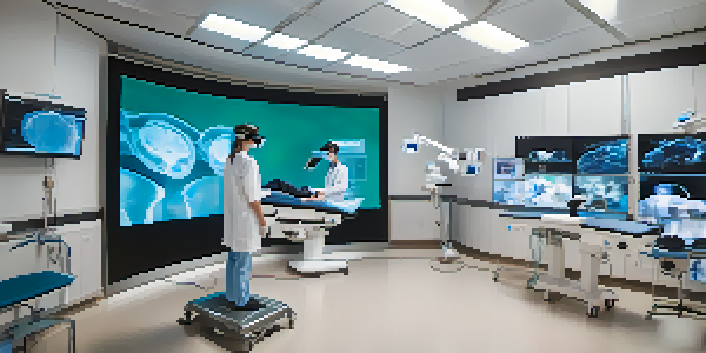 A group of diverse medical students engaged in a virtual reality surgery simulation, wearing VR headsets in a bright and modern training room.