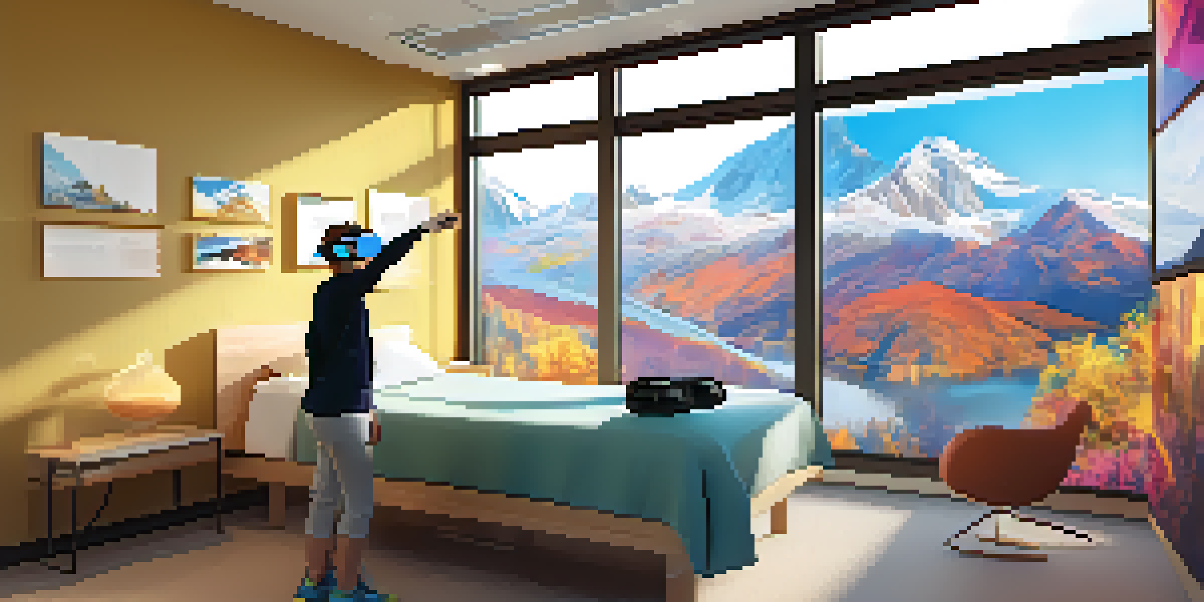A person wearing a virtual reality headset in a rehabilitation room, climbing a virtual mountain displayed on a screen.