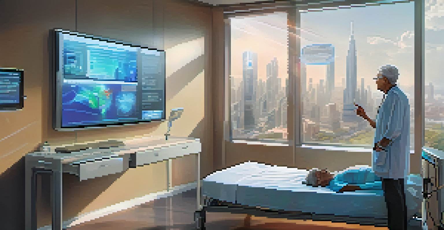 A doctor and an elderly patient discussing health data on a holographic interface in a modern healthcare environment.
