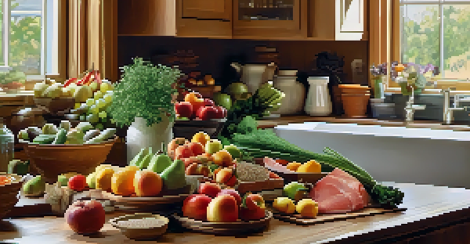 A kitchen countertop filled with colorful fruits, vegetables, whole grains, and fish, illuminated by soft natural light.