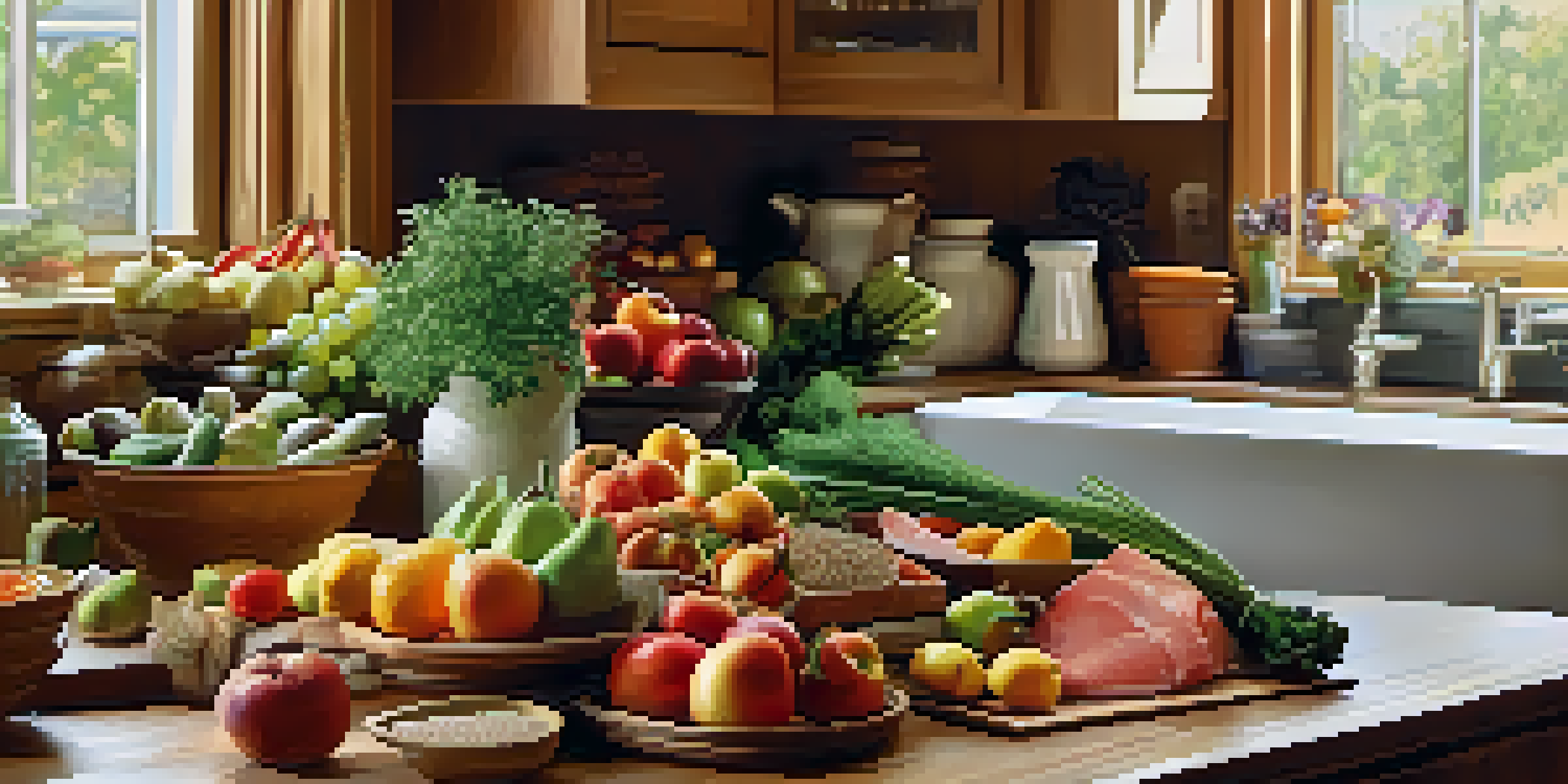 A kitchen countertop filled with colorful fruits, vegetables, whole grains, and fish, illuminated by soft natural light.