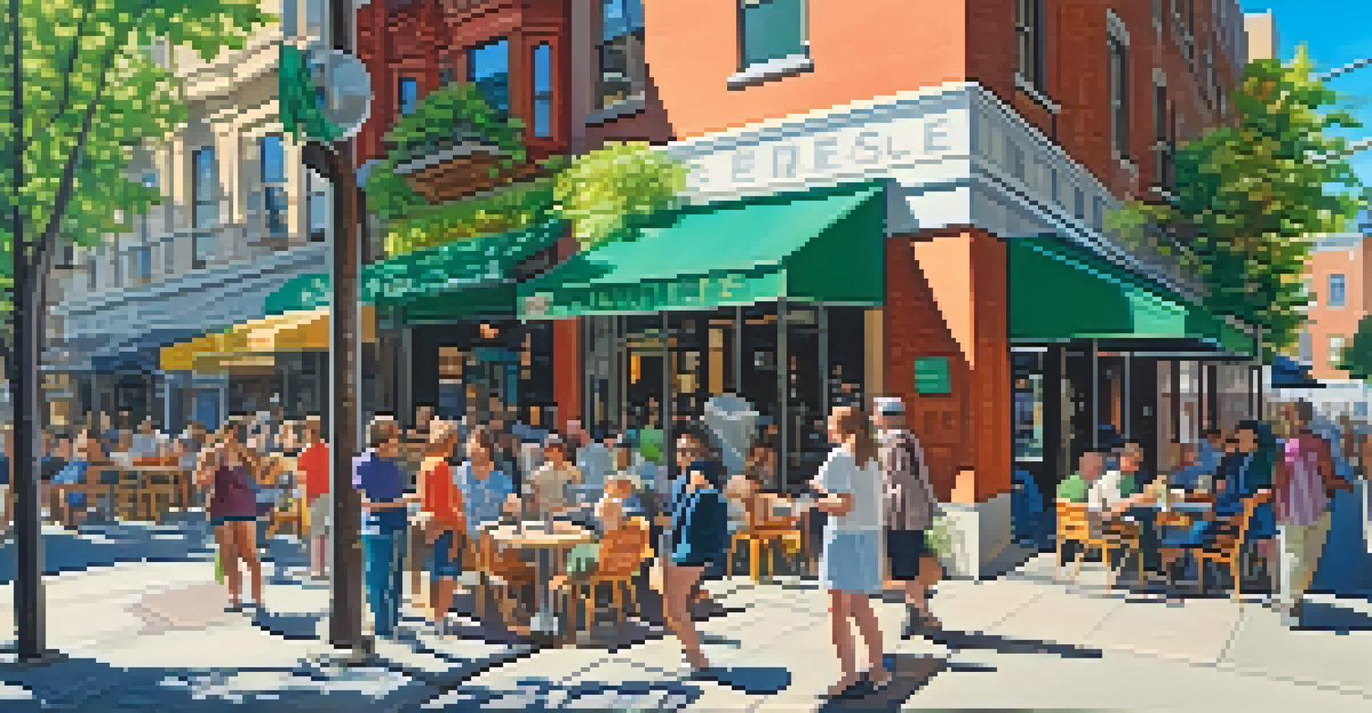 A lively urban street filled with people, cafes, and colorful shops under sunny skies.